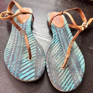 Coach Brown Leather Strap Sandals with Teal & Black Patterned Footbed